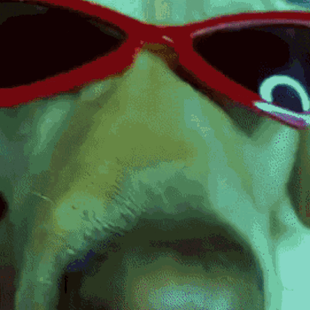 a close up of a person 's face with red sunglasses