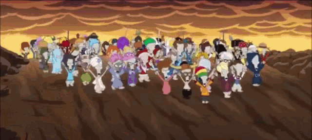 a group of cartoon characters are standing on top of a hill holding hands .