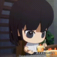 a cartoon character is sitting at a table eating a piece of cake .