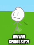 a stick figure is standing in the grass with the words `` awww seriously ? '' .