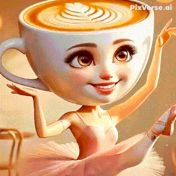 a cartoon girl in a tutu is holding a cup of coffee in front of her head .