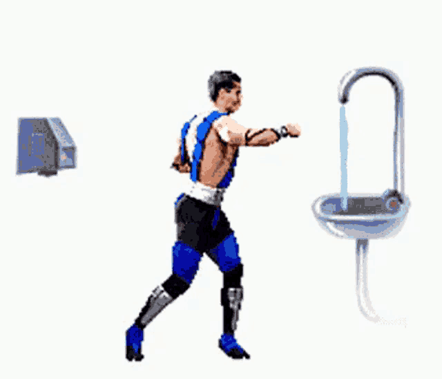 a man in a blue costume is standing next to a sink .