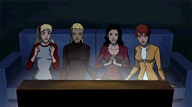 a group of cartoon characters are sitting on a couch watching a tv