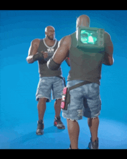 a man with a tv on his back is standing next to another man with a gun
