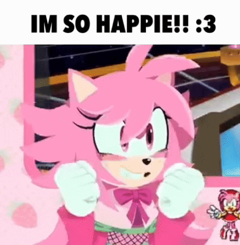 amy rose from sonic the hedgehog is making a funny face while wearing a pink outfit .