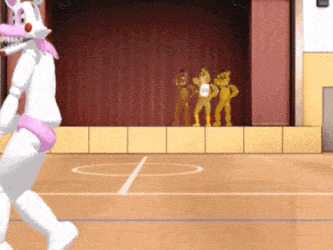 five nights at freddy 's mangle and foxy are dancing on a basketball court .