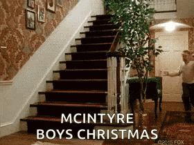 a staircase with the words mcintore boys christmas written on the bottom