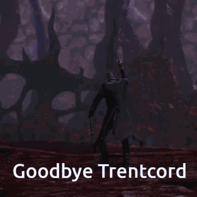 a video game character is holding a sword and the words goodbye trentcord are on the bottom