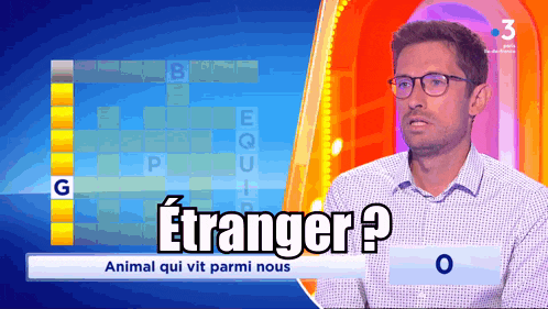 a man wearing glasses is playing a game with the word etranger