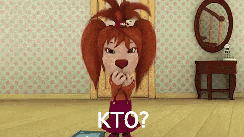 a cartoon girl with red hair says kto