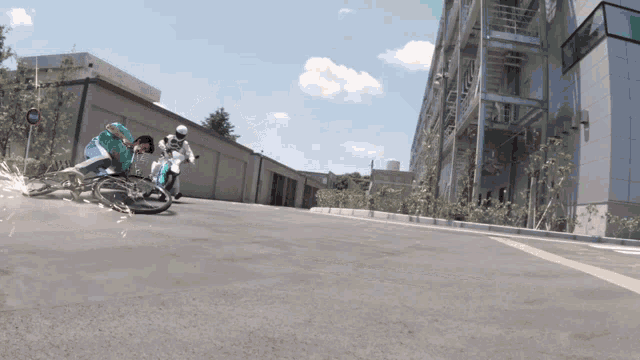 a man on a motorcycle is being chased by another man on a bicycle