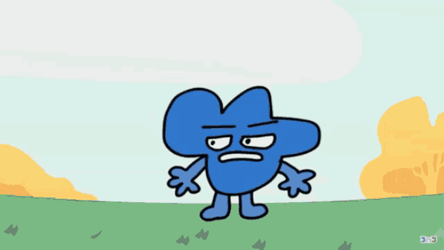 a cartoon drawing of a blue object with a serious face