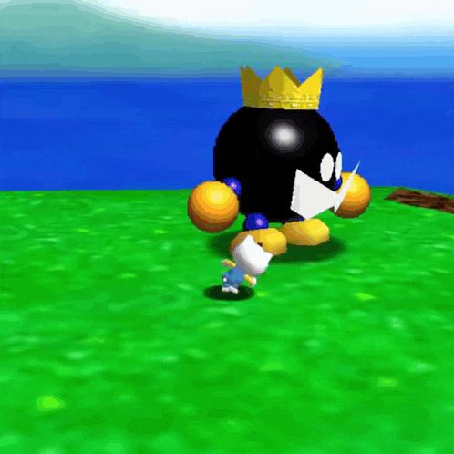 a cartoon character with a crown on his head is standing in a field