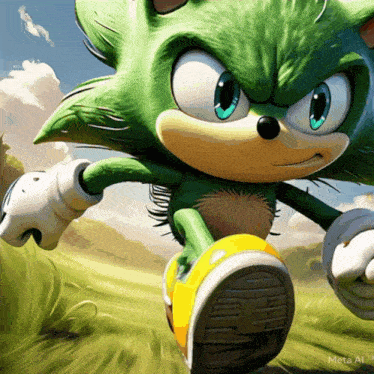 a painting of a green sonic the hedgehog running through a grassy field