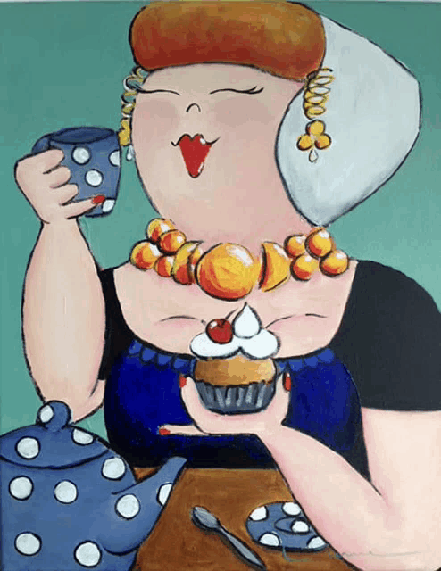 a painting of a woman drinking tea and holding a cupcake with a cherry on top