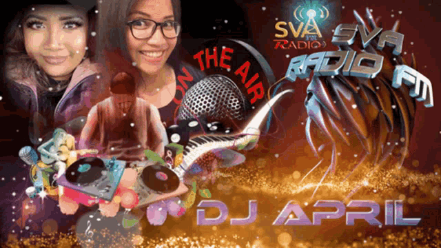 an advertisement for sva fm radio shows a woman and a dj