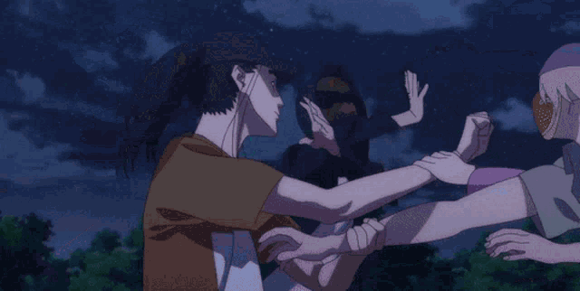 a cartoon of a man and a girl with their hands up