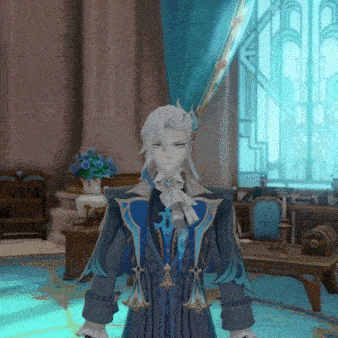 a man with long white hair is standing in a room with a blue curtain
