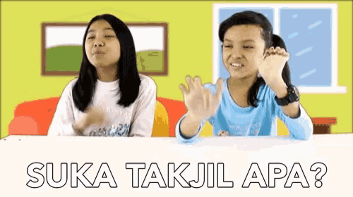 two young girls are sitting at a table with the words suka takjil apa on the bottom