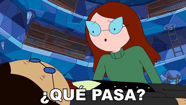 a cartoon character with glasses and the words que pasa on the bottom