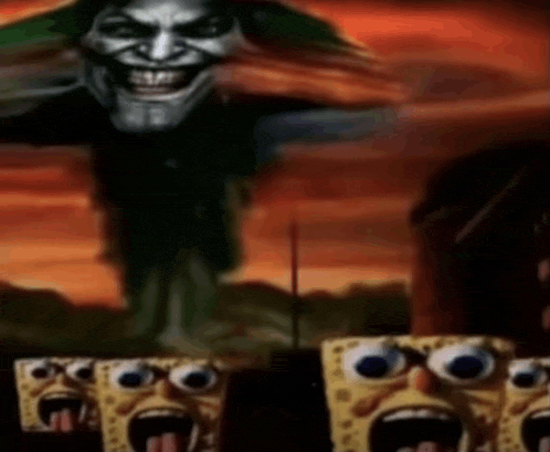 a group of spongebob squarepants faces with their tongues out in front of a joker .