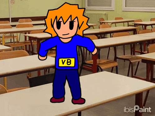 a cartoon character wearing a blue shirt with vb on it