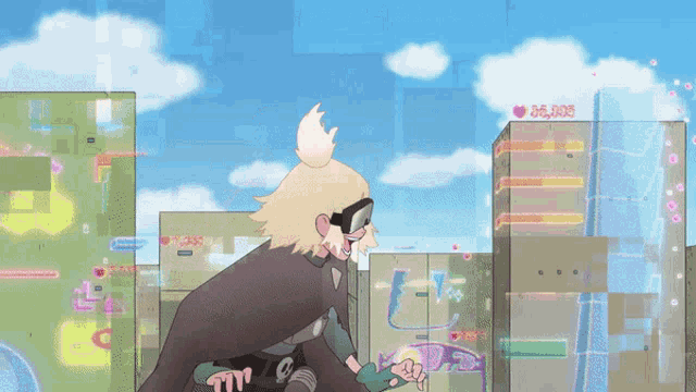 a cartoon character is standing in front of a building that says ' 66,000 ' on it
