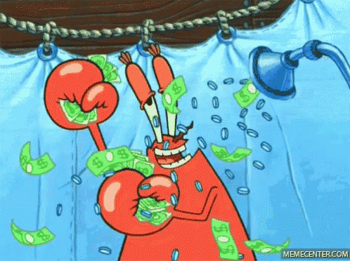 a cartoon character from spongebob squarepants is holding money and coins