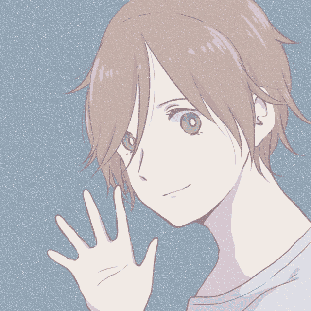 a drawing of a person with brown hair and green eyes waving