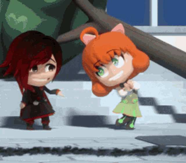 two cartoon characters are standing next to each other and smiling
