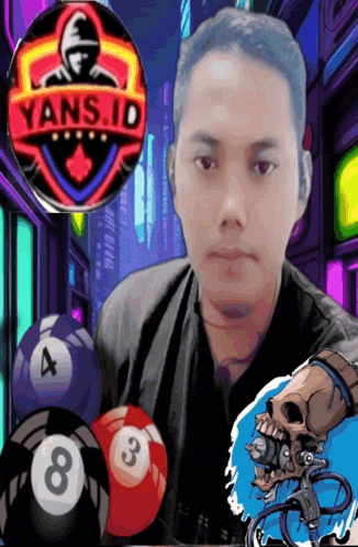 a man is standing in front of pool balls and a yans.id logo