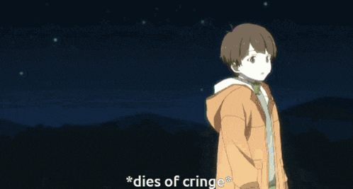 a cartoon of a man and a boy with the words * dies of cringe * above them