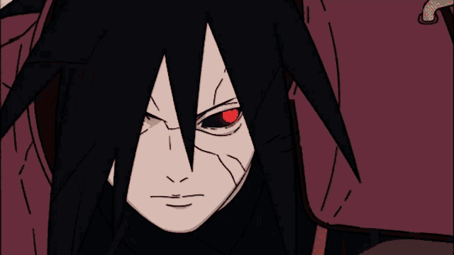 a drawing of a character with red eyes and black hair
