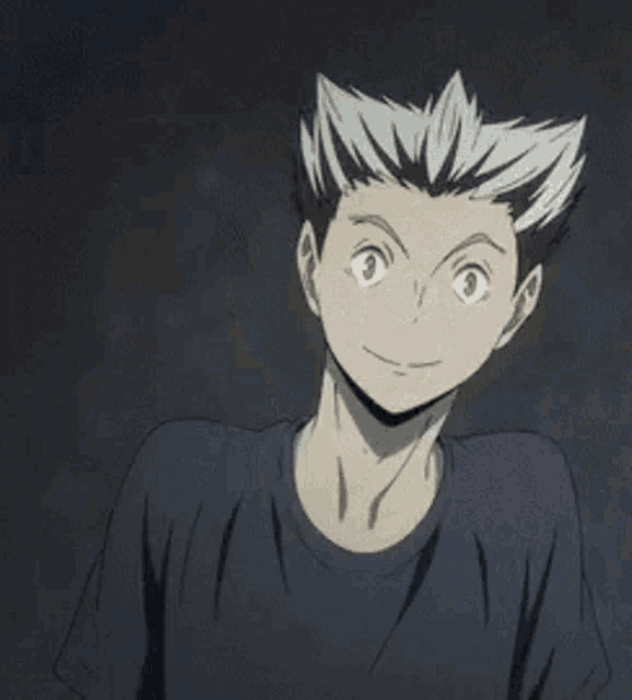 a close up of a person 's face with a gray haired anime character wearing a blue shirt .