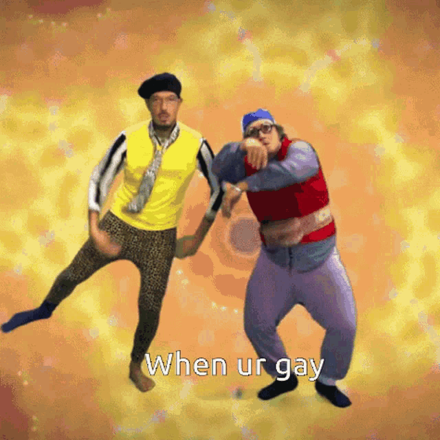 two men are dancing with the words " when ur gay " written below them