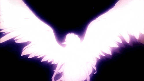 a person with angel wings is flying in the dark with a black background .
