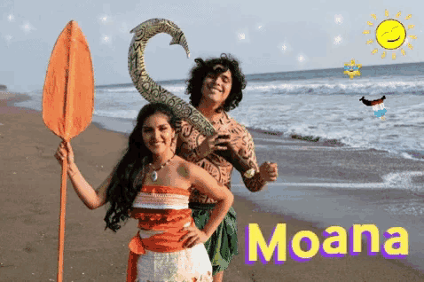 a man and a woman standing on a beach with the word moana on the bottom right