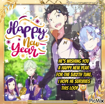 a happy new year greeting card with anime characters and the words he 's wishing you a happy new year for the 532th time