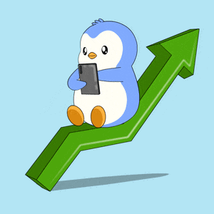 a cartoon penguin is sitting on a green arrow holding a cell phone