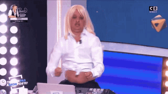 a man in a blonde wig is on a c8 direct channel
