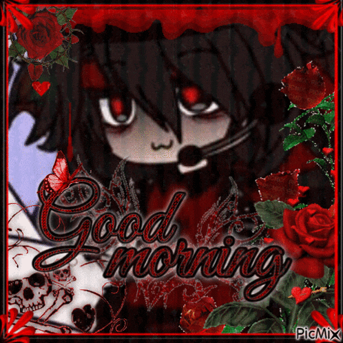 a picture of a girl with red eyes and the words good morning on it