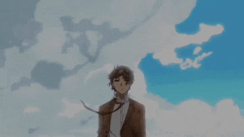 a man in a suit and tie is standing in front of a cloudy sky