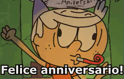 a cartoon character with a party horn and the words felice aniversario written below him