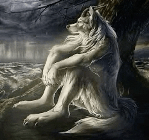 a white wolf is sitting under a tree on a rock near the water .