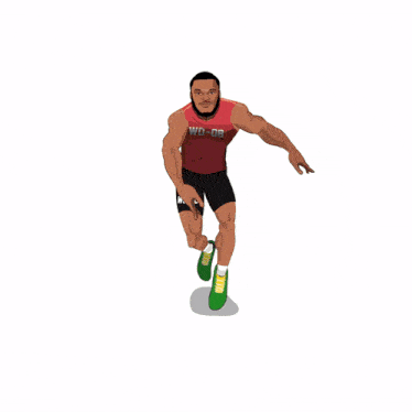 a cartoon drawing of a man wearing a red shirt with the number 08 on it