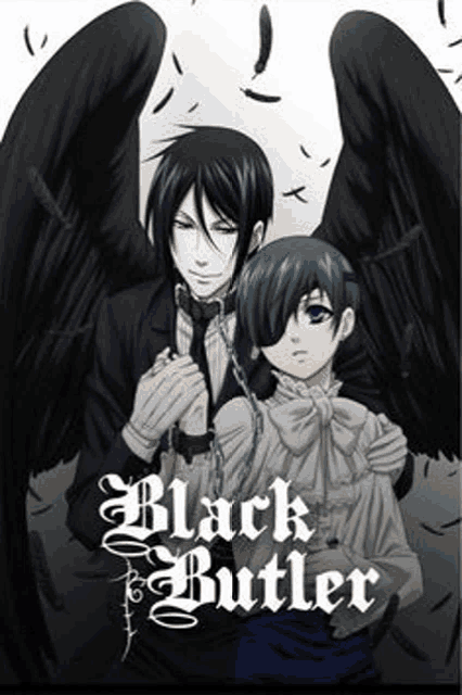 a poster for the anime black butler shows a man and a boy with wings .