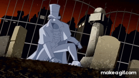 a cartoon of a man in a top hat sitting in a graveyard
