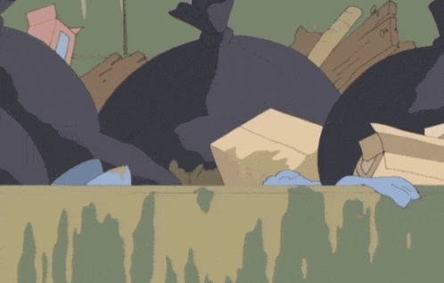 a cartoon drawing of a dumpster filled with garbage and boxes