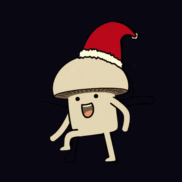 a cartoon mushroom is wearing a santa hat and smiling
