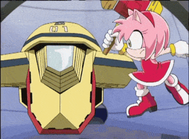 amy rose from sonic the hedgehog is standing in front of a yellow vehicle